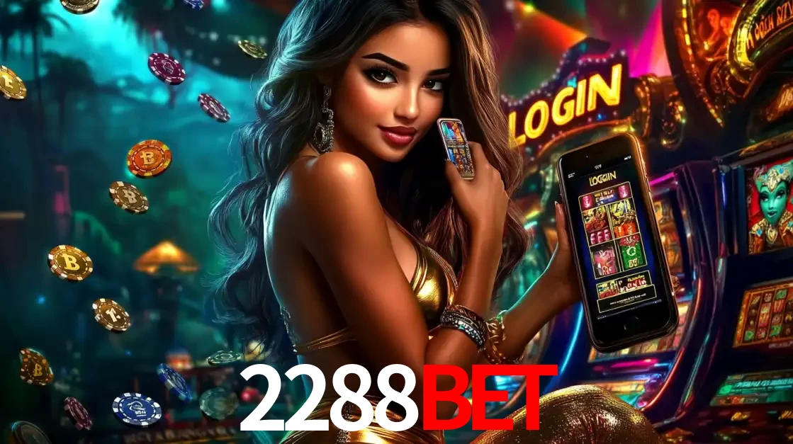 Mulher em um cenário de cassino temático de aventura, mostrando o app de caça-níqueis da 2288BET no celular. Fichas de apostas flutuam ao redor.