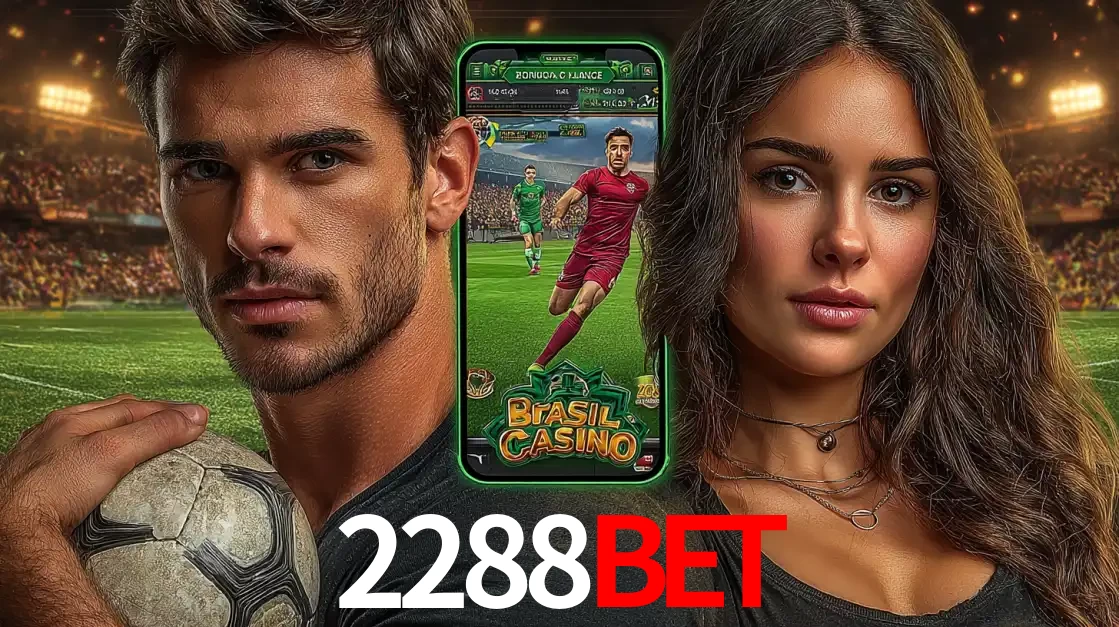 Homem segurando uma bola de futebol e uma mulher ao lado de um smartphone exibindo o jogo de apostas esportivas da 2288BET. Faça seu palpite no cassino online.